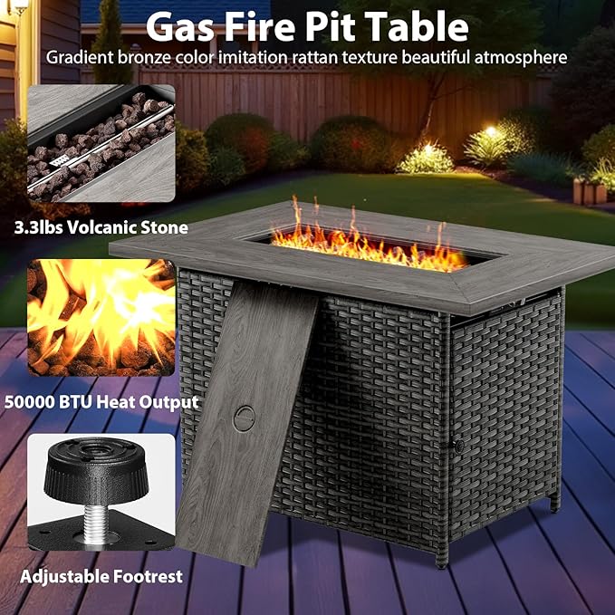 6 Piece Wicker Patio Furniture with Fire Pit Table - Outdoor Conversation Set with 50,000 BTU Fire Pit, All Weather Rattan Patio Set for Deck Backyard Garden - Grey Wicker Beige Cushion