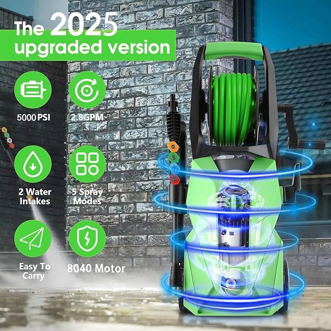 Pressure Cleaner 5000 PSI,2.8 GPM Power Cleaner with Foam Cannon,Portable Cleaner with 33ft Hose Reel,4 Nozzle Tips,and Soap Bottle for Cars/Home/Driveways/Patios/Decks/Fences(Dark Green)