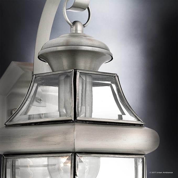 Urban Ambiance Luxury Colonial Outdoor Wall Light, Medium Size: 14" H x 8" W, with Tudor Style Elements, Versatile Design, Classy Aged Silver Finish and Beveled Glass, UQL1143