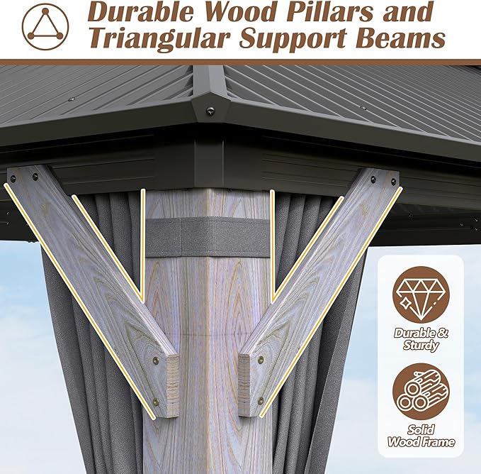 10 x10FT Wood Gazebo,Outdoor Wooden Hardtop Gazebo with Galvanized Steel Doule Roof,Cedar Wood Frame Gazebos with Netting &Curtainfor Patio Backyard Deck