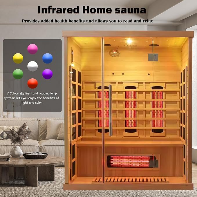 Smartmak Far Infrared Wood Sauna, 3 Person WiFi Control Home Canadian Hemlock Wooden Traditional Indoor Saunas, Full-Spectrum Red Light 2100W Spa Room, 11 Heating Elements, Speaker, Light, Oxygen Bar
