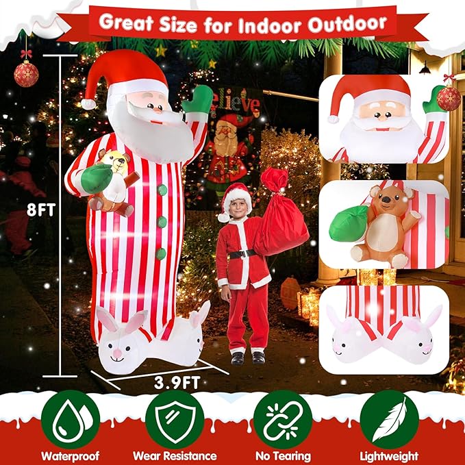 Christmas Inflatable Santa Claus Outdoor Decorations 8ft Giant Blow Up Yard Striped Santa Inflatables Cute Xmas Winter Blowups Led Lights Decor Rabbit for Holiday Vacation Outside Lawn