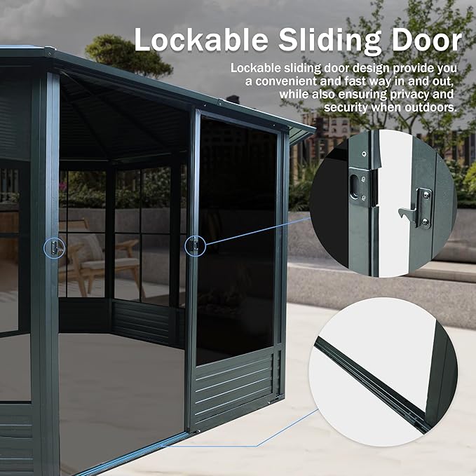 Domi 13 x 13 Sunroom Octagonal Solarium,Screen Houses for Outdoors Backyard with Lockable Sliding Door,Moveable PC Screen,Galvanized Steel Sloping Roof