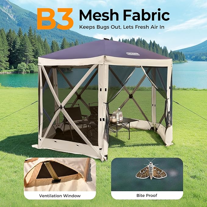Tecoom 6-Sided Pop Up Gazebo Tent, Screen House with Mosquito Netting Canopy for Camping, 10x10ft Portable Sun Shelter Removable Siedwalls for Outdoor, Garden, Activities, Khaki