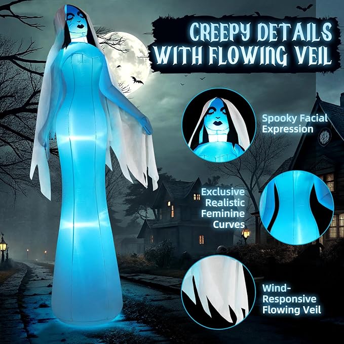 12FT Giant Halloween Inflatables Ghost Bride, Halloween Decorations Outdoor Blow Up Yard Decorations Built-in Whole-Body Blue Glowing LED Lights Huge Halloween Blowups for Outdoor Holiday