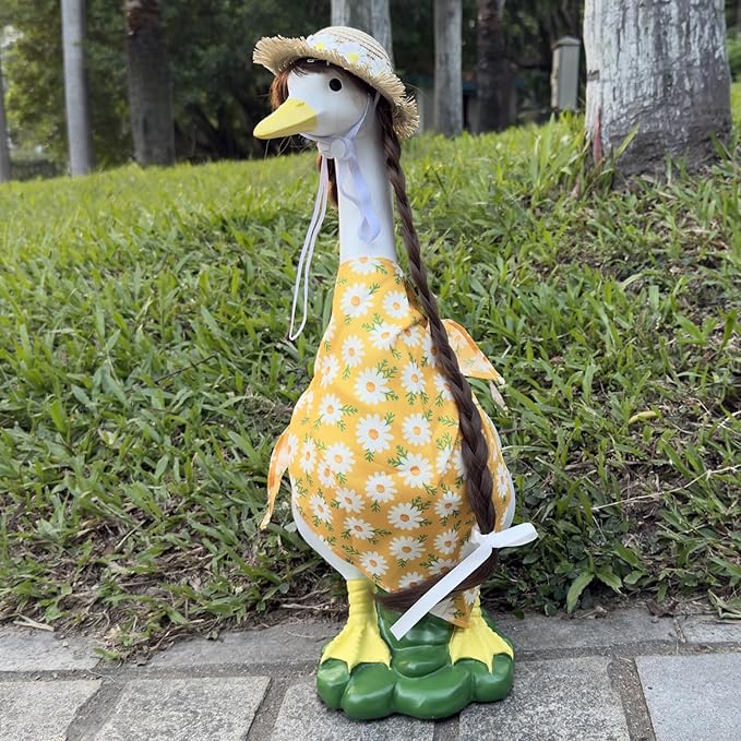 Porch Goose Outfits Statue Decor-20 Large Goose Decrations, Resin Sculpture Wear Yellow Daisy Scarf Clothing, Funny Goose, Big Duck Statue for Yard Lawn Housewarming Birthday Gifts for Mom,Women,Girl