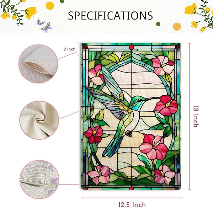 Spring Summer Hummingbird Garden Flag Stained Glass Style Garden Flag Vertical Double Sided Rustic Farmland Burlap Yard Lawn Outdoor Decor 12.5x18"