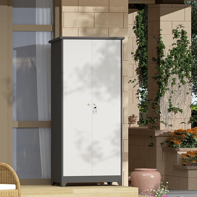 GREATMEET 72.8" Outdoor Broom Storage Cabinet, Waterproof Outdoor Shed, Metal Storage Cabinets for Cleaning Supplies with Slanted Roof, Utility Closet, Broom Mop Cabinet, Grey&White