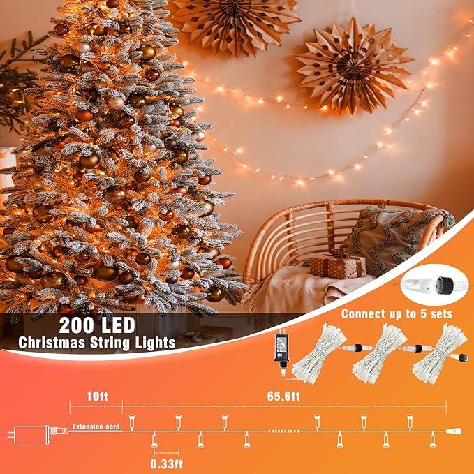 Vivideal 200 LED Orange Halloween Lights Outdoor Waterproof 66ft Halloween String Lights Indoor 8 Modes Clear Wire, Plug in Orange String Light for Xmars Tree Bedroom Thanksgiving Decorations