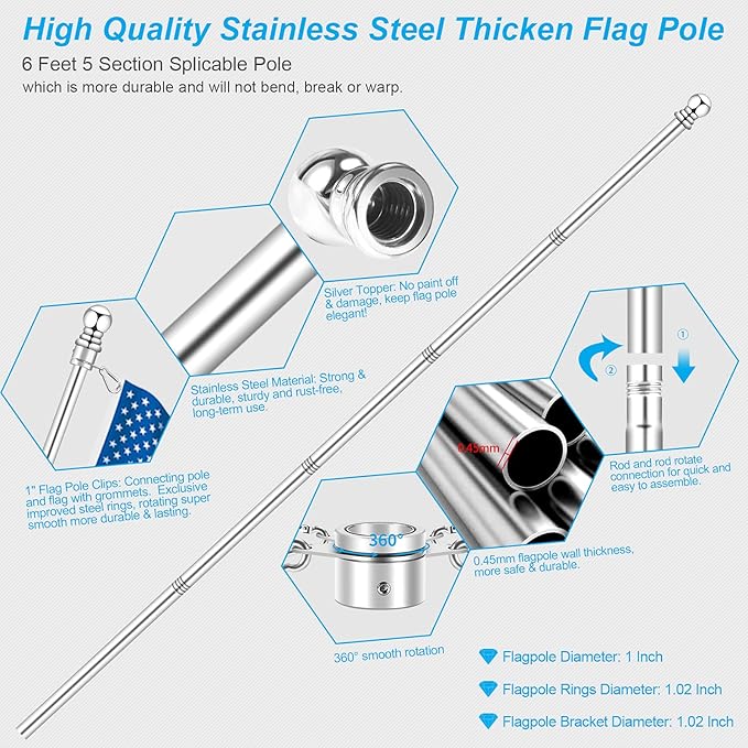 6 FT Metal Flag Pole Kit for Outside House w/ 2-Position Holder Bracket & 360° Rotating Flagpole Rings, 1" Stainless Steel Spinning Outdoor Porch Wall Mounted Flag Poles for 3x5 4x6 Flag(6 FT, Silver)