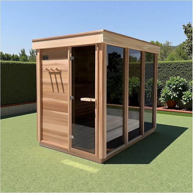 Outdoor Corner Steam Sauna for 2-4 Person, Canadian Hemlock, 6KW ETL Harvia Heater, Modern Sauna Box with Waterproof Asphalt Tiles, Left Door, 220V (0-195℉)