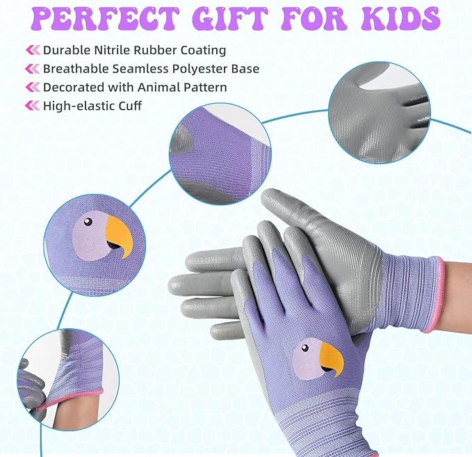 ANDANDA Kids Gardening Gloves, Nitrile Coated Children Yard Work Gloves with Grip, Suitable for Toddlers, Children, Girl, Boy
