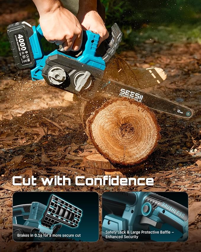 SEESII Electric Chainsaw Cordless 12-inch: Brushless Battery Powered Small Chainsaw, 2 x 4.0Ah Batteries, Auto-Tension and Oiling Mini Chain Saw for Christmas Dad Men Gifts, Tree Cutting Trimming