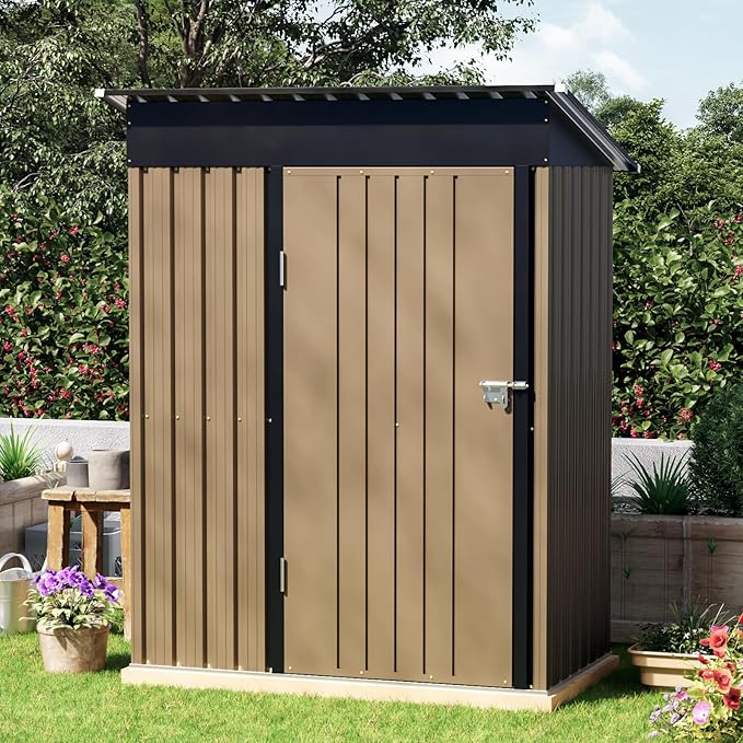3x5 FT Outdoor Metal Storage Shed with Floor Frame, Single Door, 1 Clear Window, Tool Shed for Garden, Patio, Backyard Brown