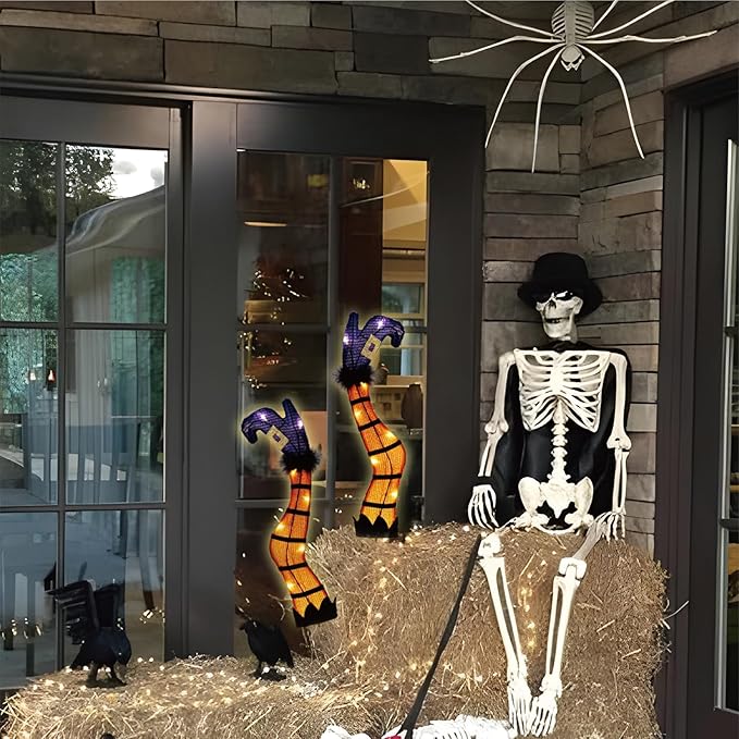 Halloween Lighted Witch Legs with Stakes, 22" Light Up Witch Feet with Timer & 8 Lighting Modes, Battery Operated Witch Decor for Indoor Outdoor Porch Planter Garden Decor(17" Leg+5" Stake)