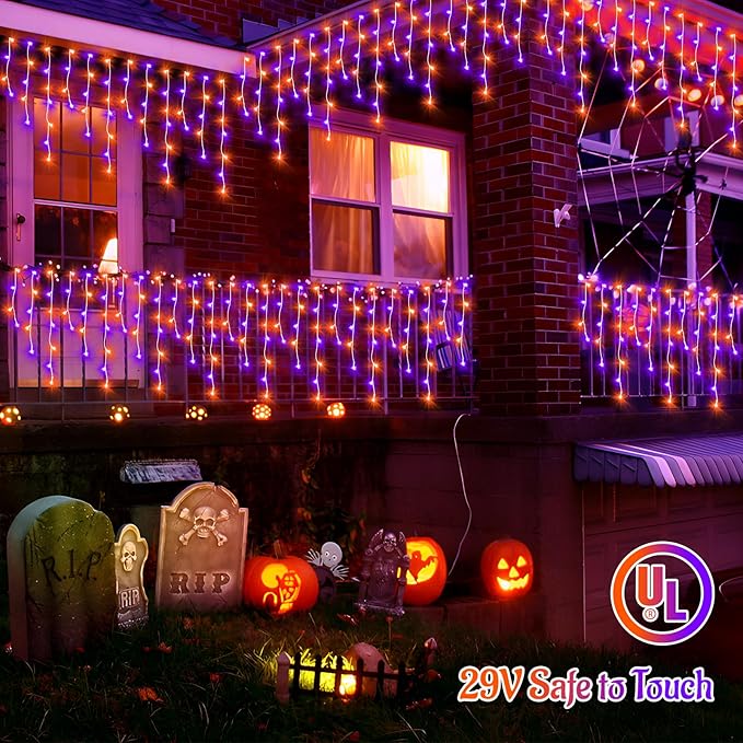 KNONEW Orange Purple Halloween Lights 33FT 400 LED String Lights Outdoor with 75 Drops, 8 Lighting Modes, Timer Memory Function Connectable Hanging Curtain Lights for Halloween Party Decor