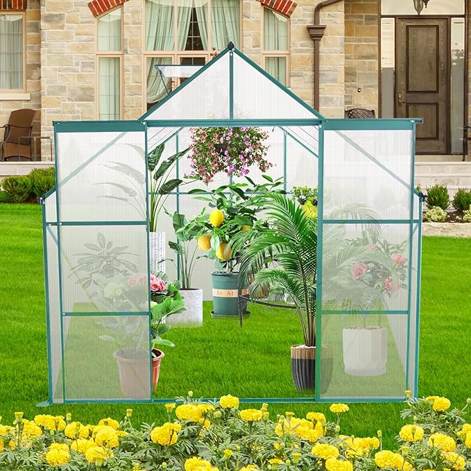 Favfurish 8X8 FT Greenhouses for Outdoors,Polycarbonate Greenhouse, Aluminum Heavy Duty Walk-in Green Houses, Adjustable Roof, Raised Base and Double Sliding Door for Outside Backyard, Green