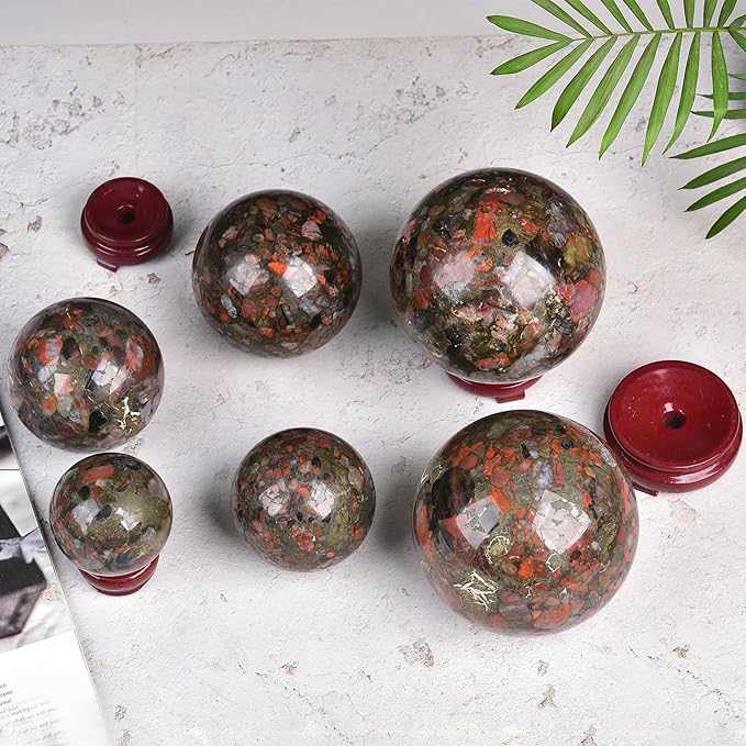 JIC Gem Natural Brazilian Red Agate Crystal Ball with Wood Stand Gemstone Sphere Healing Energy Mineral Gemstone Balls for Reiki Chakra Decoration Fengshui (60-70mm)