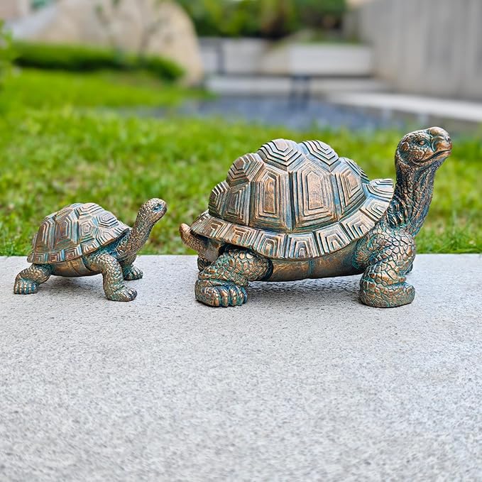2 Pcs Outdoor Garden Turtle Statue, Cute Turtle Statue with Baby for Garden, Patio, Lawn, Outdoor Patio and Deck Decorations, Unique Housewarming Gifts