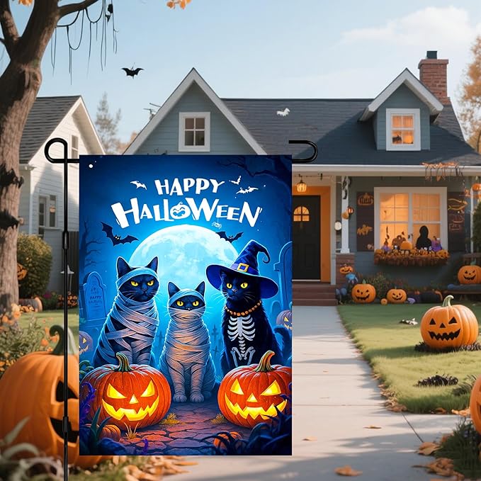 IVN Happy Halloween Garden Flag 12x18 Inch Double Sided Black Cat Skeleton Mummy Pumpkin Witch Hat Moon Outdoor Yard Flag for Outside Front Door Lawn Porch Patio Welcome Decor