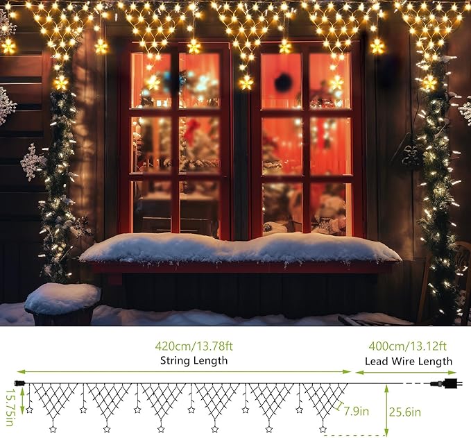 Christmas Lights Outdoor Decorations 218 LED 13.8ft Curtain Fairy Lights with 12 Drops, Clear Wire LED String Light Decor with 8 Modes for Wedding Party Holiday Christmas Indoor Outdoor Decor