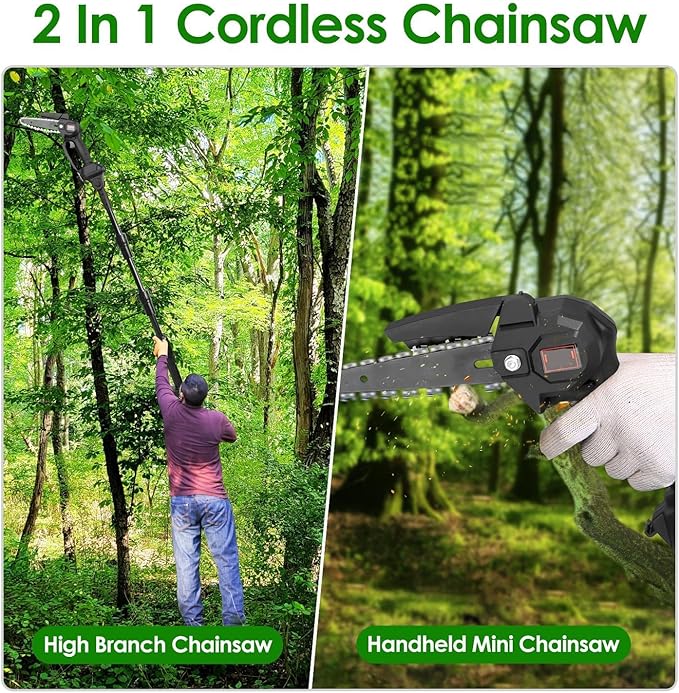 2-in-1 Cordless Pole Saw, Cordless Chain Saw, 33Ft/s Battery Pole Saw with 2Pcs 1500mAh Batteries 4in/6in Chains, 13ft Reach Electric PoleSaw, Comes with 3 extension rods, for Tree Trimming