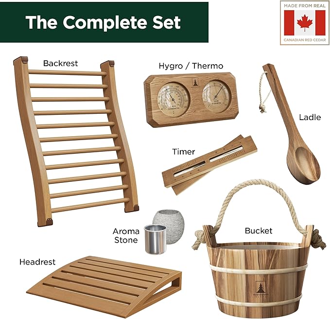 Sauna Accessories Kit - Handmade from Canadian Red Cedar Wood - Complete Set (Bucket & Ladle, Thermometer & Hygrometer, Sand Timer, Aromatherapy Cup, Backrest, Headrest)