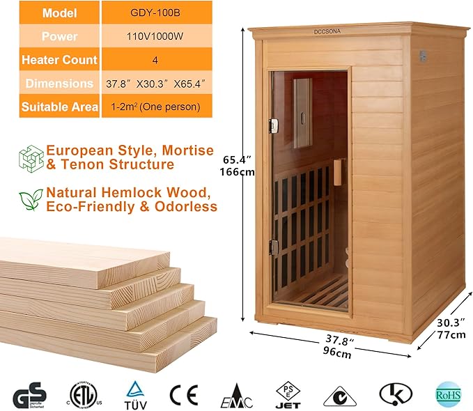 1-Person Indoor Infrared Sauna 1000W – Canadian Hemlock Wood Home Sauna with Red Light Therapy, Bluetooth Speaker, Glass Door,Big Room: 37.8" x 30.3" x 65.4"