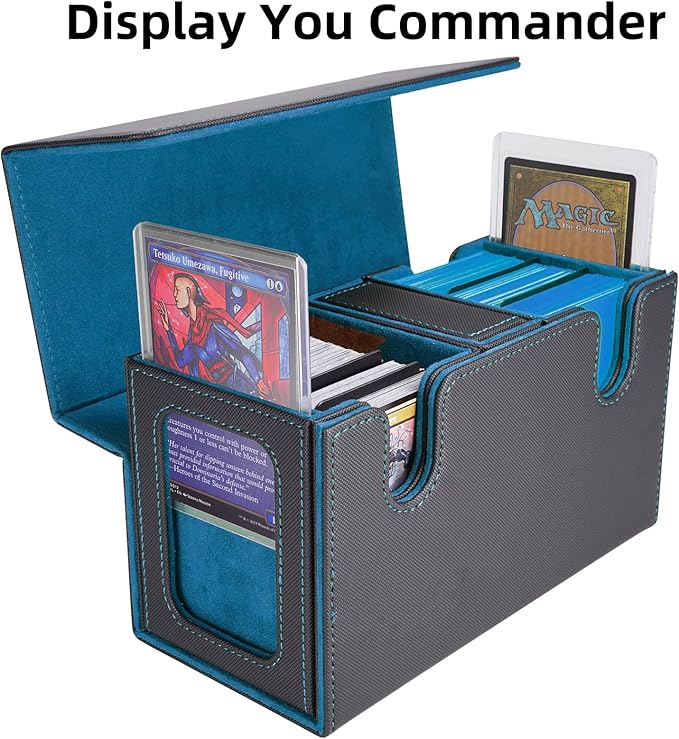 AFIING MTG Commander Card Storage Box - Fits 200 Double Sleeved Cards,3-in-1Card Deck Case,Strong Magnet Card Organizer For Magic Commander TCG CCG,4Dividers &2 Toploaders, Black/Cyan