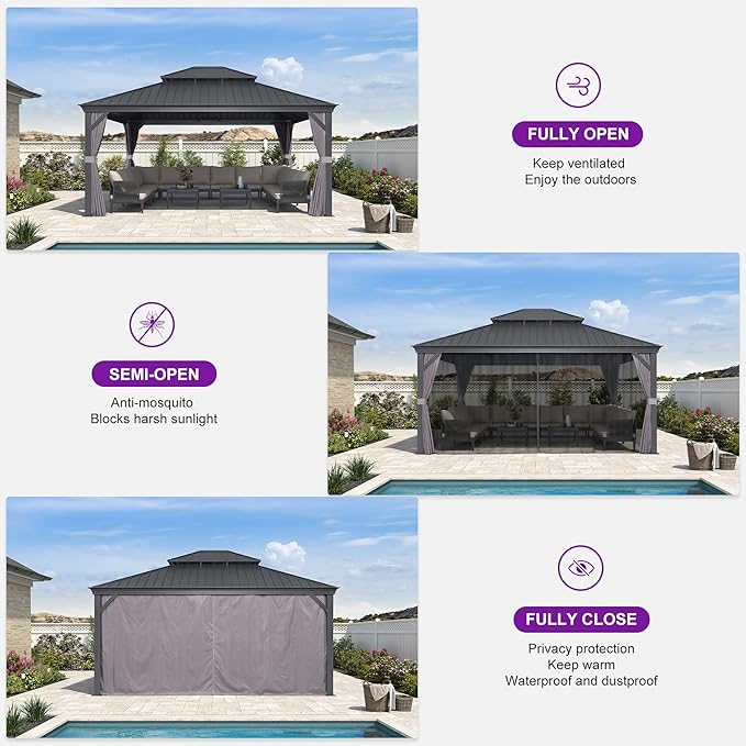 PURPLE LEAF 14' X 16' Outdoor Hardtop Gazebo Aluminum Gazebo with Galvanized Steel Double Roof for Patio Lawn and Garden, Curtains and Netting Included Grey