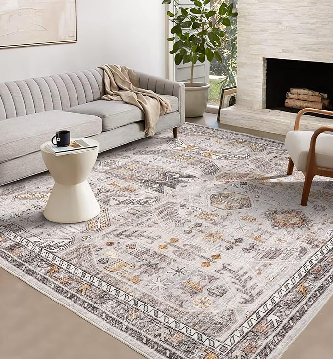 10x14 Area Rugs,Ultra-Thin Washable Rugs for Living Room,Non-Slip Lightweight Foldable Area Rug,Stain Resistant Vintage Large Rugs (Brown/Gold, 10'x14')
