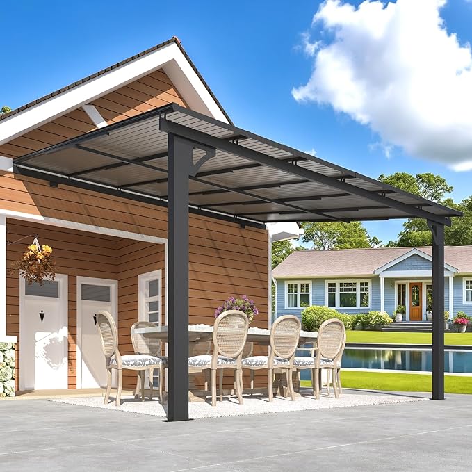 AECOJOY 10' x 12' Adjustable Height Outdoor Lean to Gazebo Pergola for Patio, Large Wall-Mounted 8.1-9.8 Ft Hard Top Metal Heavy Duty Metal Awnings Shelter Pergolas and Gazebos Clearance with Roof