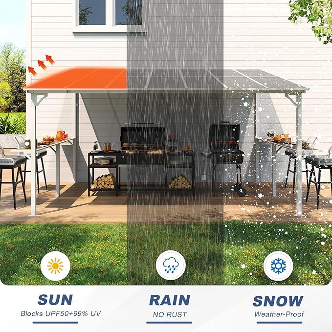 MEISSALIVVE 10' x 14' Wall Mounted Gazebo, Outdoor BBQ Grill Gazebo with Side Shelf, Lean to Metal Awnings with Sloped Roof, Heavy Duty Pergola for Backyard, Deck, White