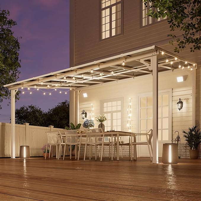 MEISSALIVVE 10' x 14' Wall Mounted Lean to Metal Awnings with Sloped Roof, Outdoor Patio Gazebo Awning for Backyard, Deck, White