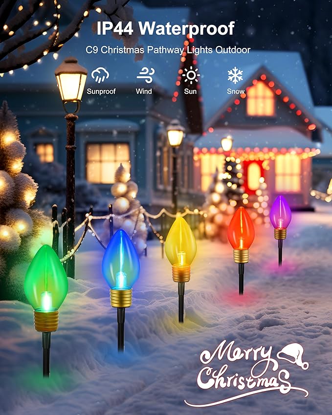 10 Jumbo C9 Pathway Lights Outdoor, 11Ft 2 Pack 5 LED Giant Bulbs, Large Outdoor Christmas Decor for Holiday Lawn Yard Garden, Big Christmas Lights Decorations, Multicolor
