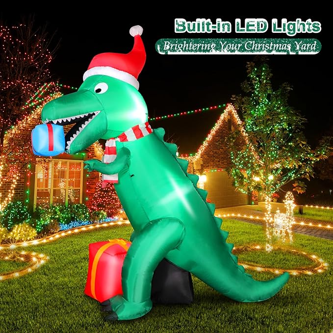 7FT Christmas Inflatables Dinosaur Outdoor Yard Decoration, Christmas Blow Up Giant Dinosaur Holding Gift Boxes with Built-in Bright LED Lights for Xmas Holiday Garden Lawn Yard Party Decor