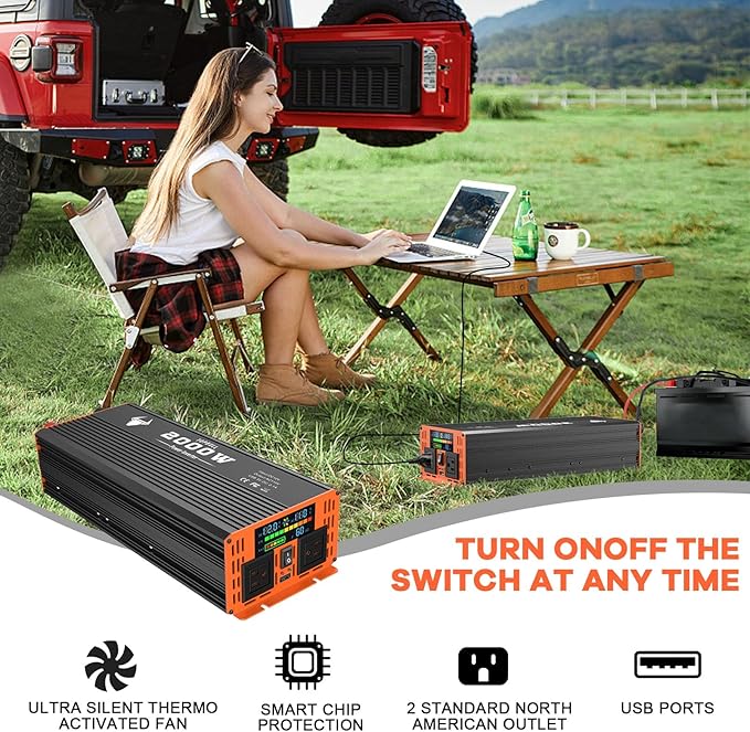 Power Inverter for Vehicle 2000 Watt Car Inverter 12V to 110V Modified Sine Wave Inverter with 2 AC Outlets, USB Port, Dual Smart Fans, Cables Included for Home, RV, Outdoor, Camping, Boat New Upgrade