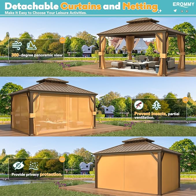 EROMMY 12' x 14' Hardtop Gazebo, Aluminum Frame Gazebos with Galvanized Steel Double Roof, Permanent Outdoor Metal Pavilion with Curtain and Netting for Patio, Lawn, Deck