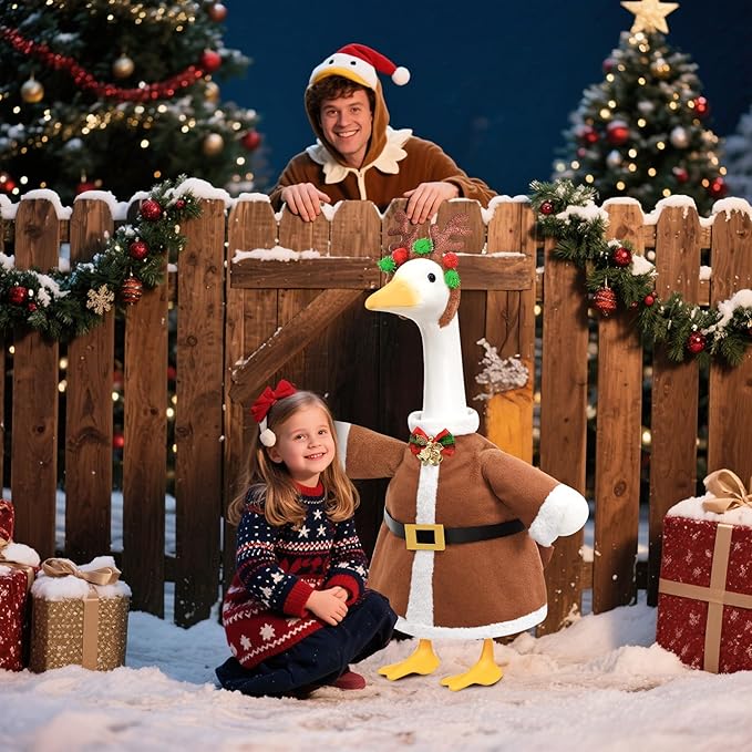 Christmas Porch Goose Outfit for Large 23" High Cement or Plastic Goose Statue, Yard Goose Cloths with Deer Antler Headband, Bell Bow Tie Decor for Outdoor Lawn Gaden Patio