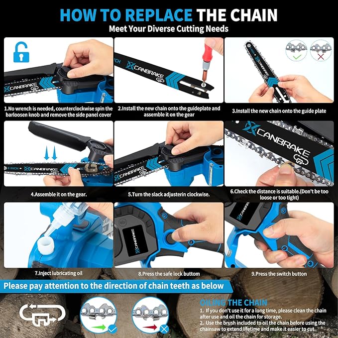 Cordless Mini Chainsaw, 8 inch & 6 inch Portable Handheld Chain Saw with 2 X 4.0Ah Battery, 4 Chains 4 Guide Plates, LED Indicate, Brushless Electric Chainsaw Using for Tree Trimming, Garden Pruning