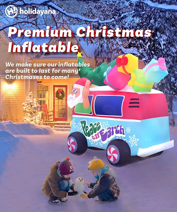 Holidayana Christmas Inflatables Large 8ft Tall Santa Hippie Van - Inflatable Outdoor Christmas Decorations Blow Up X-mas Decorations for Yard, Lawn & Garden Internal Lights & Built-in Fan