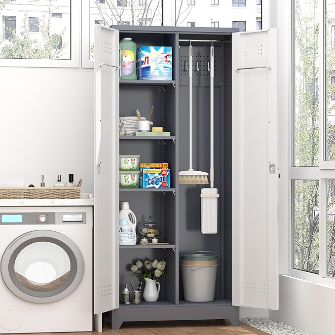 GREATMEET 72.8" Broom Storage Cabinet, Utility Cabinets for Brooms and Mops, Metal Storage Cabinets for Cleaning Supplies, Utility Closet for Garage, Grey&White