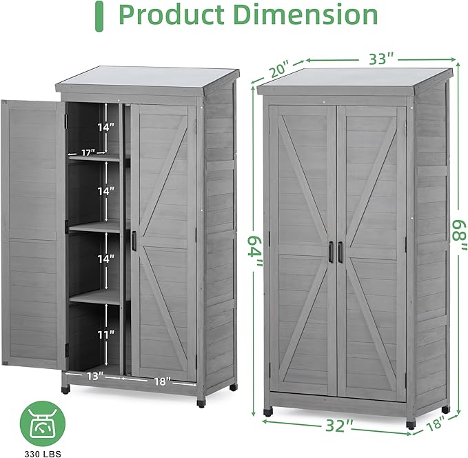 68''x33''x20'' Outdoor Wooden Storage Shed with Metal Top Tall Vertical Tool Cabinet for Backyard Garden Patio Lawn (Grey)