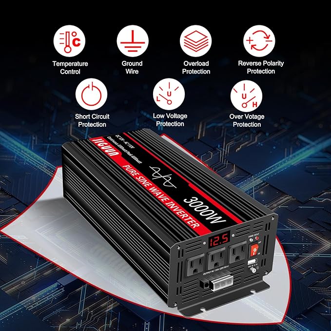 JIGUUN Pure sine Wave Inverter 3000W, 12V to 110V Power Inverter Converter with 4 AC sockets, USB Output and LED Display for RV Camping Emergency Household appliances (3000WPRO)
