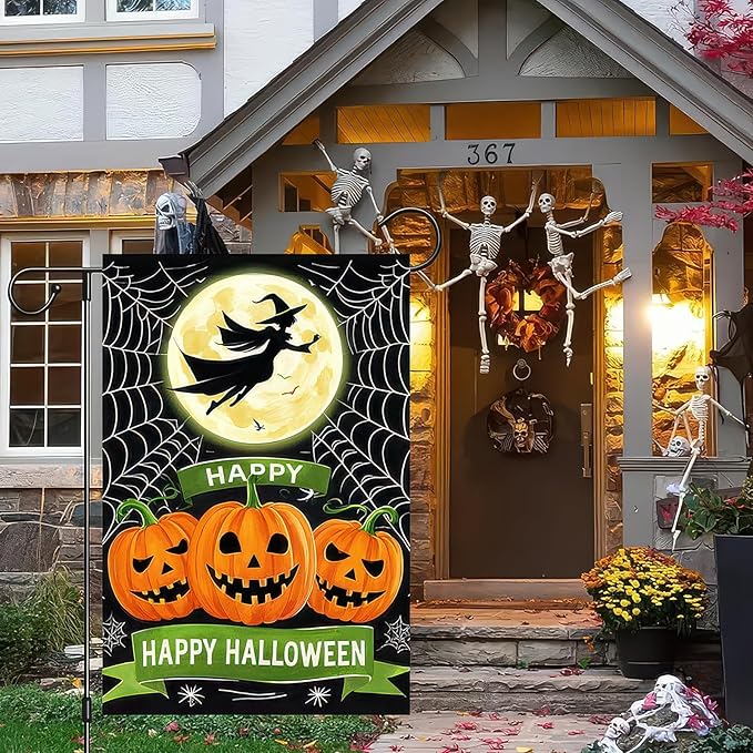Happy Halloween Garden Flag 12x18 Inch Double Sided Witch Flying Over Moon Pumpkin Flags Spider Web Small Yard Flag for Halloween Outdoor Lawn Decoration