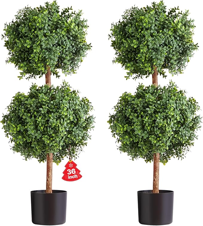 VEVOR Artificial Topiary Boxwood Double Ball, 2 Set 36 inch Faux Boxwood Plant Balls, Fake Silk Tree Look Real, Easy Assembly for Decor Front Porch Outdoor Patio Garden Balcony Backyard Indoor