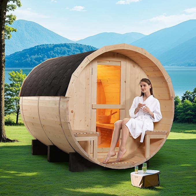 ZONEMEL Outdoor Barrel Steam Sauna with Panoramic View, Canadian Pine Wood Sauna for 3-4 Person with Porch, 6KW Heater, Rocks, 8mm Tempered Glass, Waterproof System