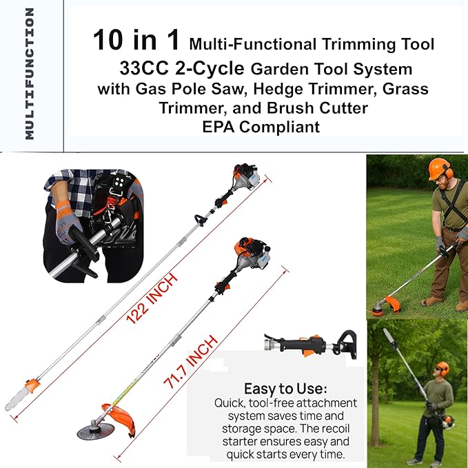 33cc 2-Cycle Gas Multi-Trimmer | 10-in-1 String Trimmer w/Rotatable 40” Pole Saw, Weed Eater Weed Wacker, Brush Cutter & Hedge Trimmer Gas for Lawn, Yard, Garden Care, All-in-one Garden Tool