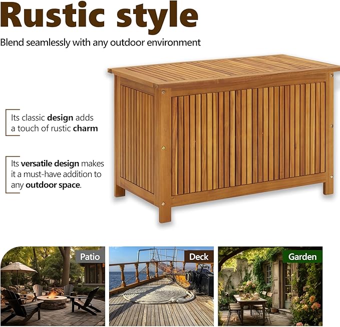 vidaXL Wooden Deck Box - Outdoor Teak Storage Chest, Ideal for Patio Furniture Cushions, Pool Accessories, Garden Tools - Water-Resistant Bag Inside - 35.4''x19.7''x22.8'', Solid Acacia Wood