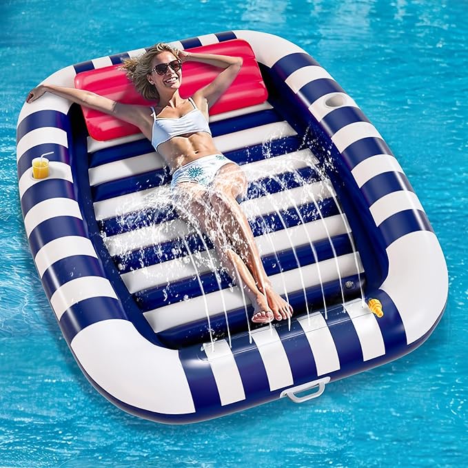 Pool Wave Inflatable Pool Lounger Floats W/Water Sprinkler, 80" x 66" Large Tanning Bed for Adult Kids, Outdoor Sun Bathing Floating Blow up Raft W/Pillow, Summer Beach Lake Family Party Gift - Blue